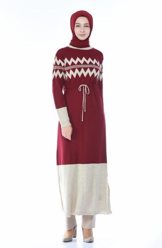 Tricot Waist Pleated Long Tunic Bordeaux 0702-01