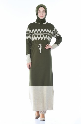 Tricot Waist Pleated Long Tunic Khaki 0702-02