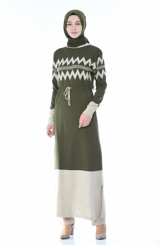 Tricot Waist Pleated Long Tunic Khaki 0702-02