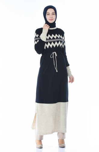 Tricot Waist Pleated Long Tunic Navy Blue 0702-03