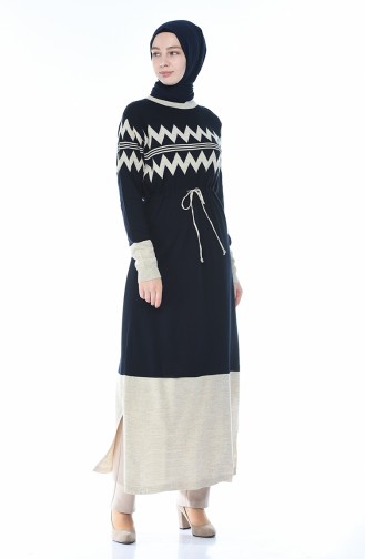 Tricot Waist Pleated Long Tunic Navy Blue 0702-03
