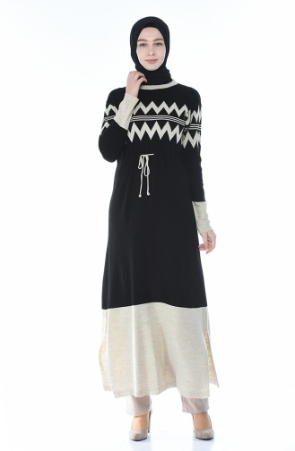 Tricot Waist Pleated Long Tunic Black 0702-04