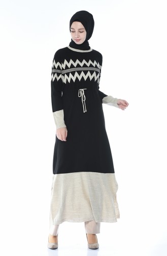 Tricot Waist Pleated Long Tunic Black 0702-04