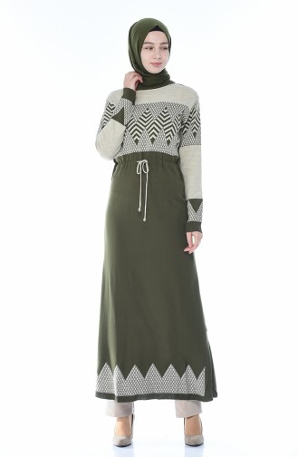 Tricot Patterned Long Tunic Khaki 0703-01