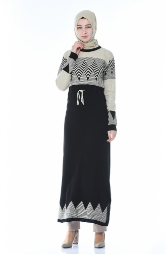 Tricot Patterned Long Tunic Black 0703-02