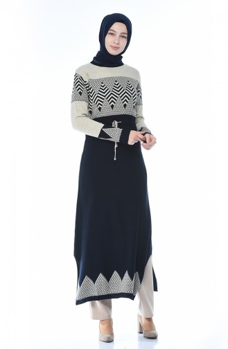 Tricot Patterned Long Tunic Navy Blue 0703-03