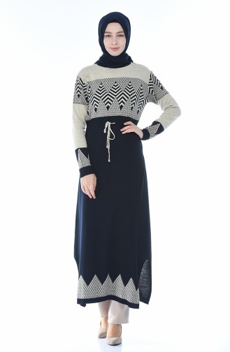 Tricot Patterned Long Tunic Navy Blue 0703-03