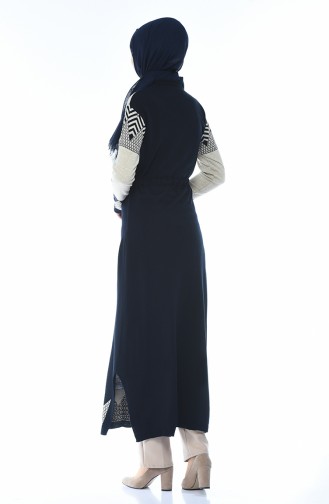 Tricot Patterned Long Tunic Navy Blue 0703-03