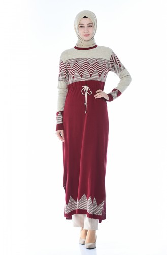 Triko Desenli Uzun Tunik 0703-04 Bordo