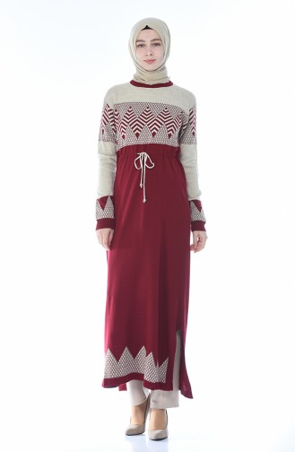 Triko Desenli Uzun Tunik 0703-04 Bordo