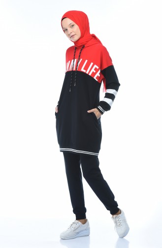 Printed Tracksuit Set Navy Blue Red 3471-05