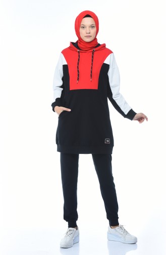 Hooded Tracksuit Set Black Red 3481-01