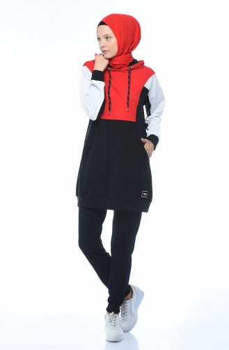 Hooded Tracksuit Set Black Red 3481-01