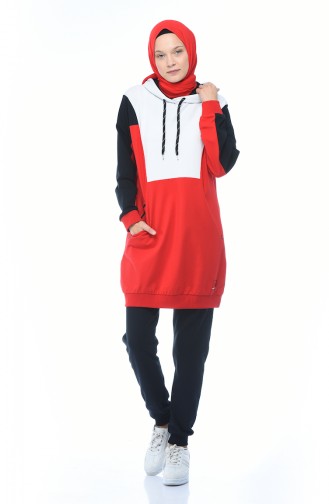 Hooded Tracksuit Set Navy Blue Red 3481-02