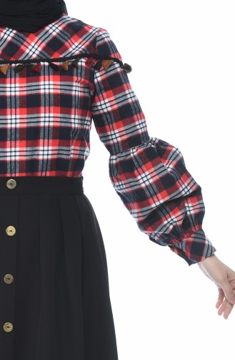 Plaid Patterned Shirt Skirt Double Set Navy Blue Red 1040-02