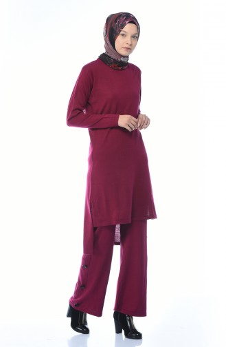 Asymmetrical Tunic Trousers Double Set Burgundy 2267-04