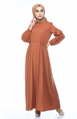 فستان سادة بأكمام مطاطية أخضر تبغي 8003-01