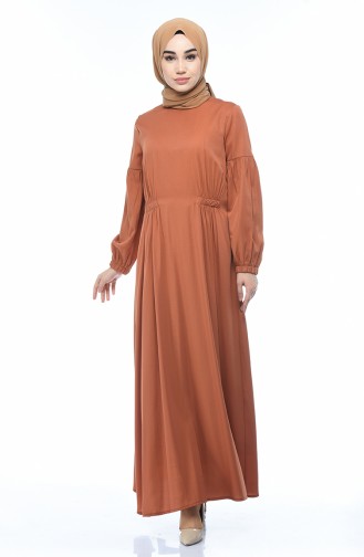 فستان سادة بأكمام مطاطية أخضر تبغي 8003-01