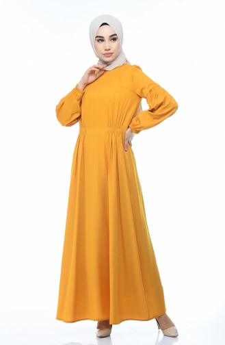 فستان سادة بأكمام مطاطية خردلي 8003-02