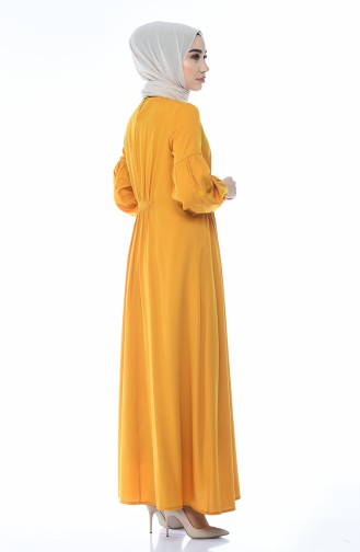 فستان سادة بأكمام مطاطية خردلي 8003-02