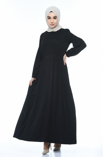 فستان سادة بأكمام مطاطية أسود 8003-04