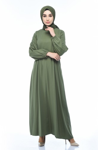فستان سادة بأكمام مطاطية كاكي 8003-05