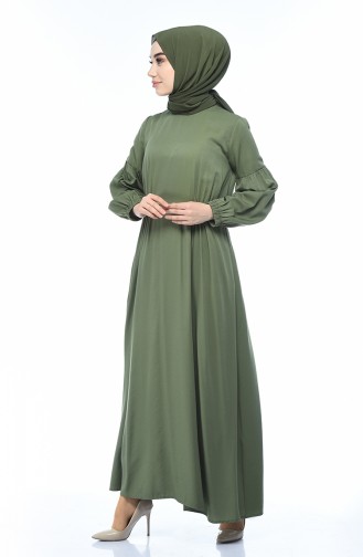 فستان سادة بأكمام مطاطية كاكي 8003-05