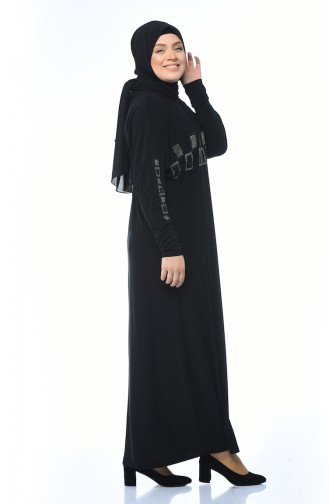 Büyük Beden Taş Baskılı Elbise 2225-01 Siyah