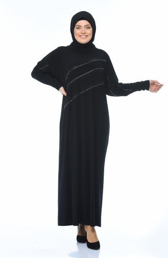 Büyük Beden Taş Baskılı Elbise 2226-03 Siyah