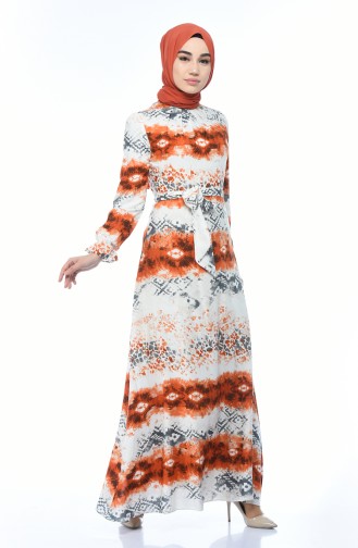 Patterned Cotton Dress Ecru Brick 60059-01