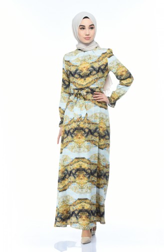 Patterned Cotton Dress Mustard Blue 60061-01