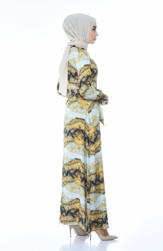 Patterned Cotton Dress Mustard Blue 60061-01