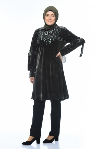 Big Size Velvet Tunic Khaki 8044-06