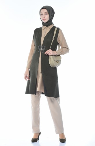 Suede Vest with Brooch Khaki 2140-03