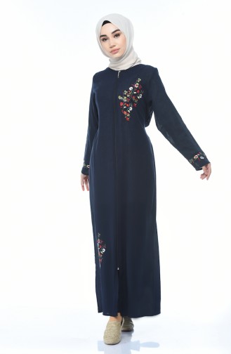 Abaya mit Reissverschluss aus Şile-Stoff 0606-02 Dunkelblau 0606-02