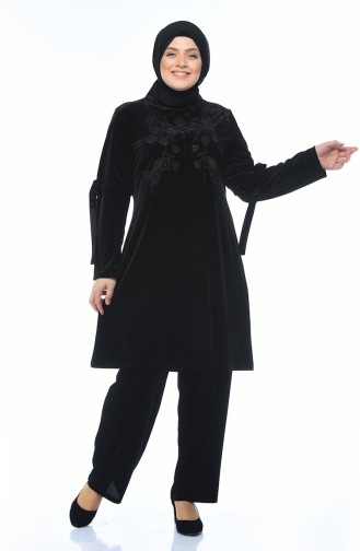 Big Size Embroidered Velvet Tunic Trousers Double Set Black 8041-01