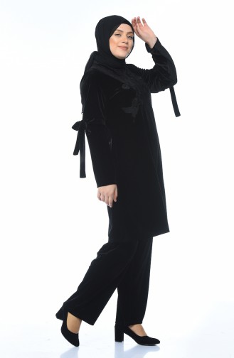 Big Size Embroidered Velvet Tunic Trousers Double Set Black 8041-01