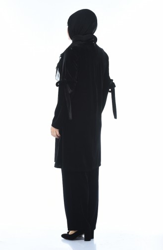 Büyük Beden Nakışlı Kadife Tunik Pantolon İkili Takım 8041-01 Siyah 8041-01