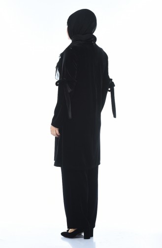 Big Size Embroidered Velvet Tunic Trousers Double Set Black 8041-01