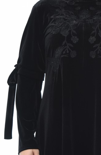 Big Size Embroidered Velvet Tunic Trousers Double Set Black 8041-01