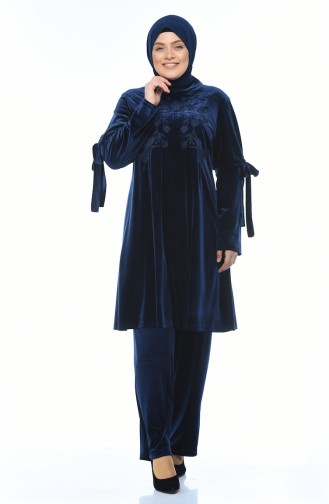 Big Size Embroidered Velvet Tunic Trousers Double Set Navy blue 8041-02