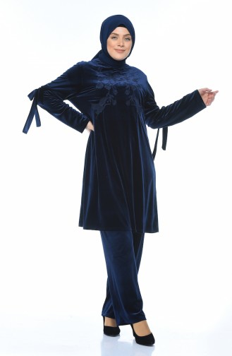 Big Size Embroidered Velvet Tunic Trousers Double Set Navy blue 8041-02