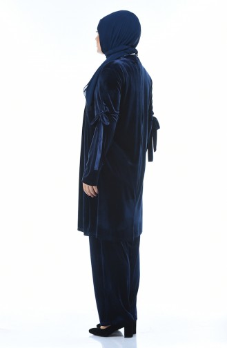 Big Size Embroidered Velvet Tunic Trousers Double Set Navy blue 8041-02