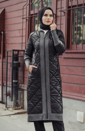 Zippered Quilted Coat Black Gray 35848-04