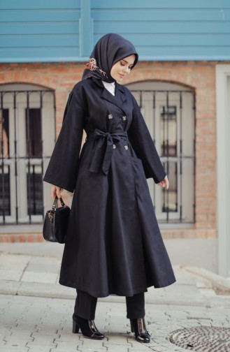 Trench Coat With Pockets And Sleeve Detailed Black 9034-01