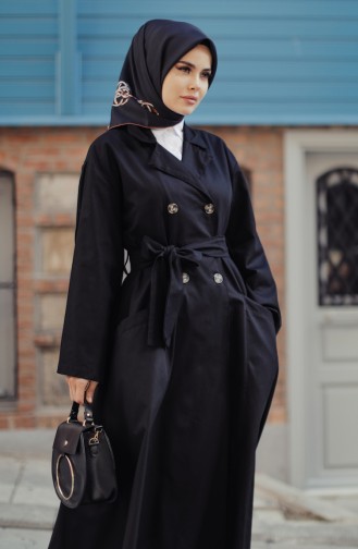 Trench Coat With Pockets And Sleeve Detailed Black 9034-01