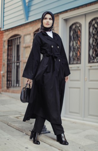 Trench Coat With Pockets And Sleeve Detailed Black 9034-01