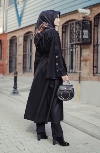 Trench Coat With Pockets And Sleeve Detailed Black 9034-01