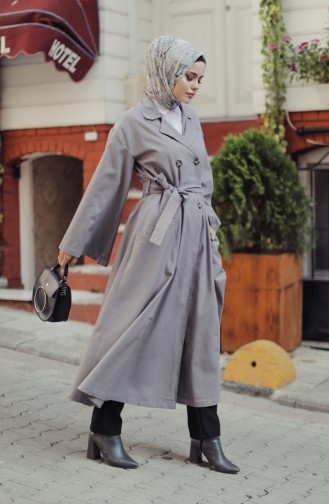 Trench Coat With Pockets And Sleeve Detailed Gray 9034-02