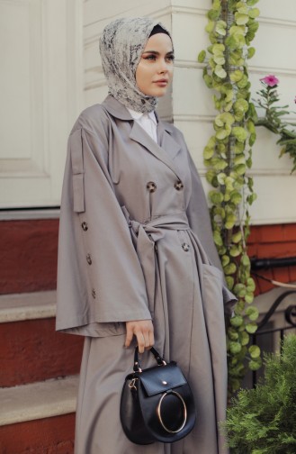 Trench Coat With Pockets And Sleeve Detailed Gray 9034-02